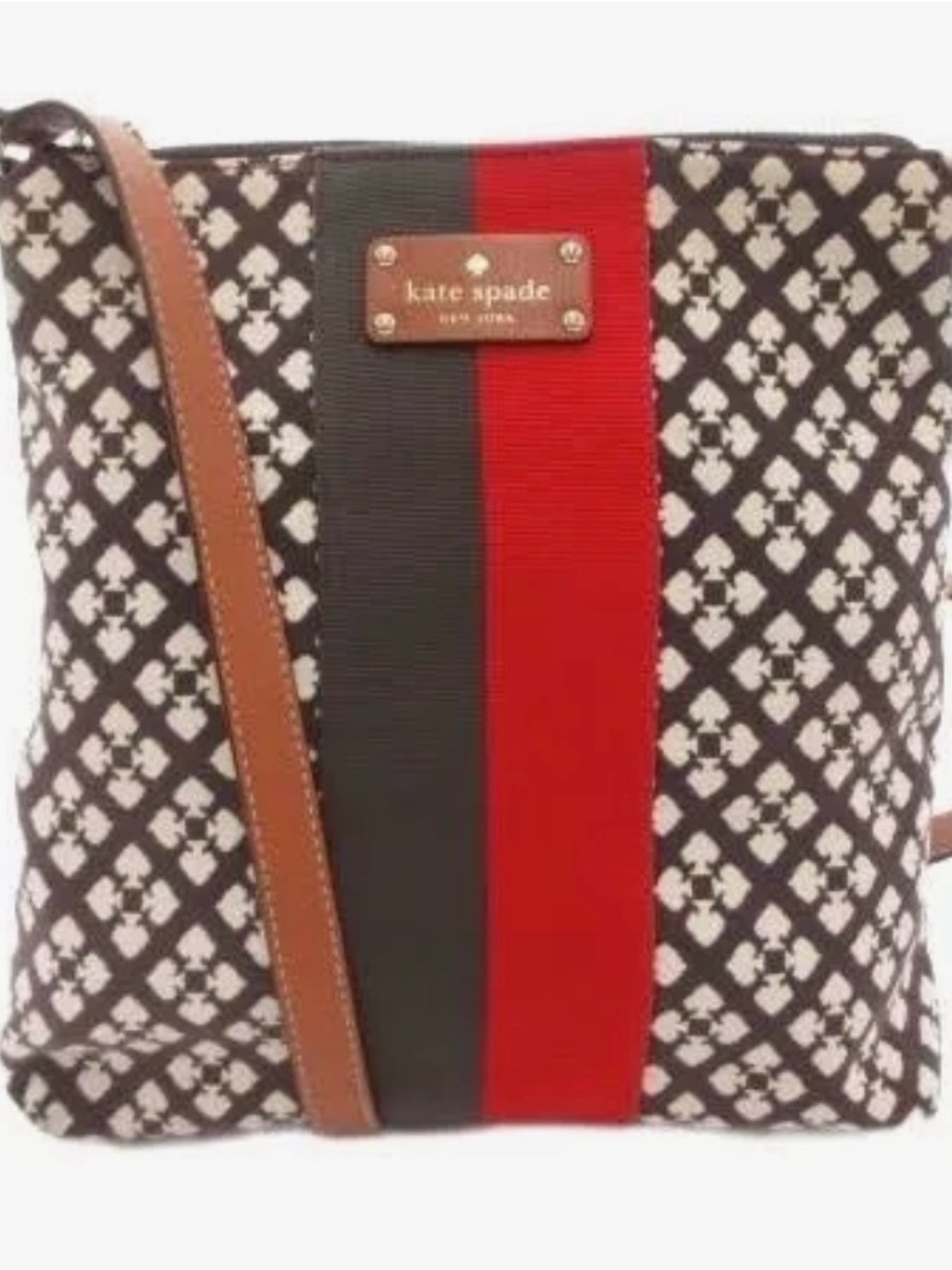 Kate spade jacquard patterned canvas crossbody with brown leather trim